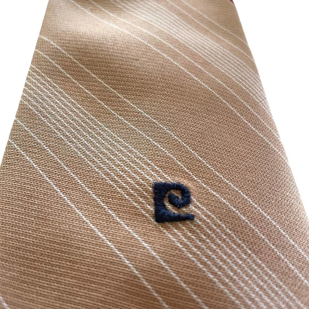 Vintage Pierre Cardin Embroidered Logo Striped Tan Polyester Tie